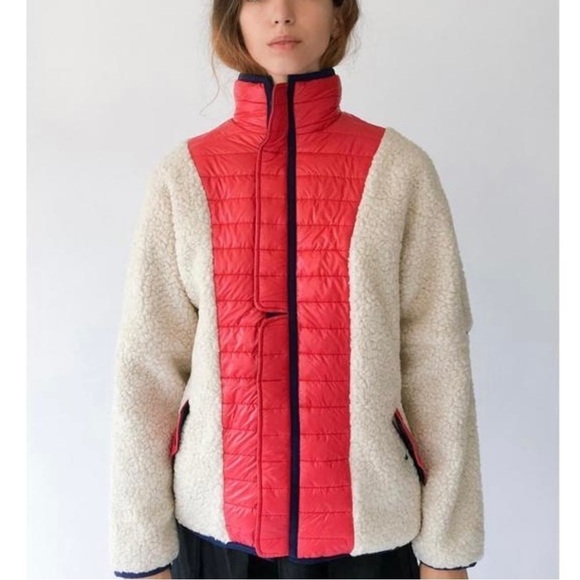 Sandy Liang Chambers Shearling Fleece Puffer Zip Jacket Cream Large Winter Warm - Picture 1 of 11